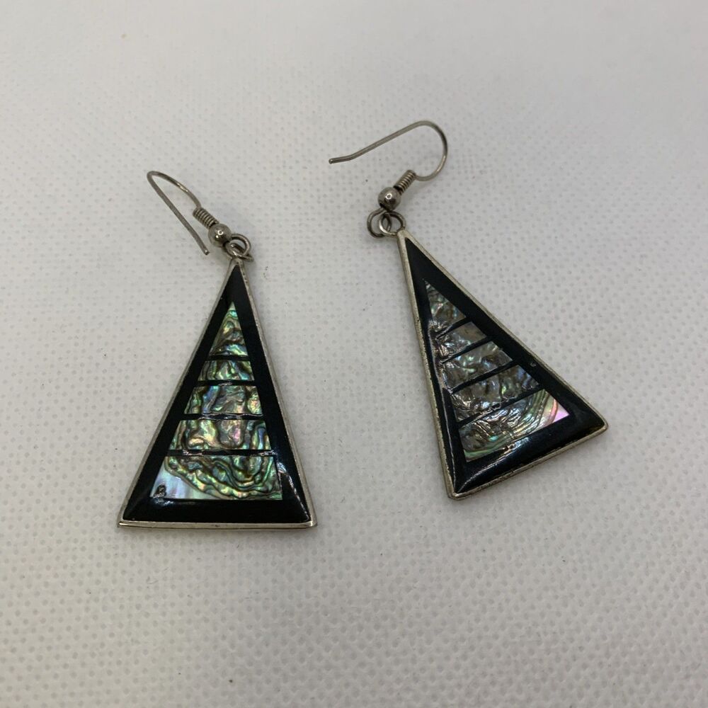 Vintage Alpaca Silver Mexican Black Enamel & Abalone Shell Dangle Drop Earrings